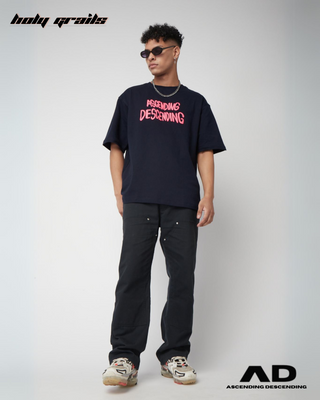 Guy in Streetwear Style 'Evil Butterfly' Black Oversized 250GSM French Terry Knit Cotton T-Shirt  - Front paired with black baggy pants & black shades