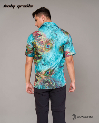 Guy in Streetwear Style 'Feather Tails' Peacock Blue Oversized Cotton Shirt - Back