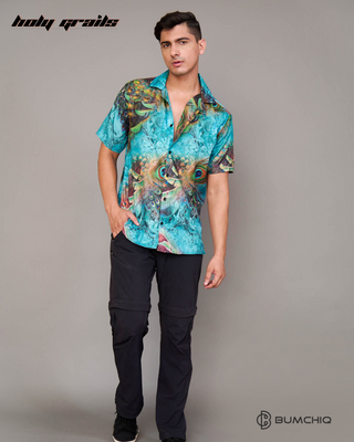 Guy in Streetwear Style 'Feather Tails' Peacock Blue Oversized Cotton Shirt - Front