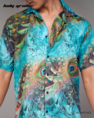 Guy in Streetwear Style 'Feather Tails' Peacock Blue Oversized Cotton Shirt - Front Close Up