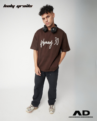 Guy in Streetwear Style 'February 30' Brown Oversized 250 GSM French Terry Knit Cotton T-Shirt - Front