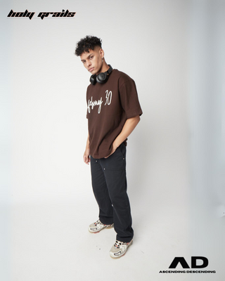 Guy in Streetwear Style 'February 30' Brown Oversized 250 GSM French Terry Knit Cotton T-Shirt - Side