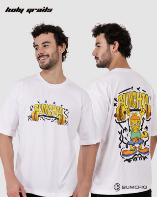 Guy in Streetwear Style 'Garfield' White 240 GSM French Terry Cotton T-Shirt - Front & Back