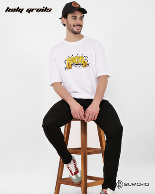 Guy in Streetwear Style 'Garfield' White 240 GSM French Terry Cotton T-Shirt - Front Sitting on Chair