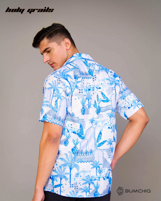 Guy in Streetwear Style 'Heritage Palm' White & Blue Cotton Shirt - Back