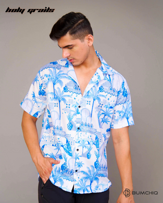 Guy in Streetwear Style 'Heritage Palm' White & Blue Cotton Shirt - Front