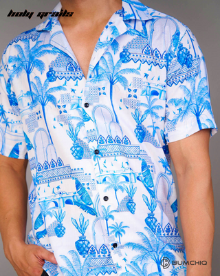 Guy in Streetwear Style 'Heritage Palm' White & Blue Cotton Shirt - Front Close Up