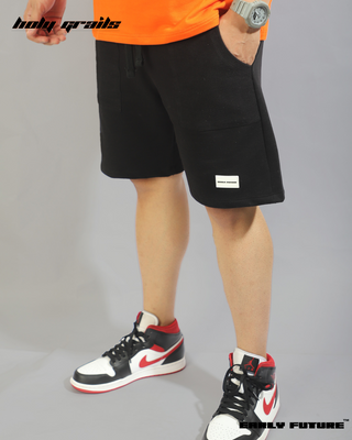 Guy in Streetwear Style 'Jet Black Shorts' 290 GSM Terry Cotton - Side Hand in Pocket
