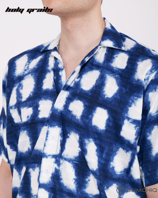 Guy in Streetwear Style 'Livin La Blue' Poplin Shirt - Front Close Up