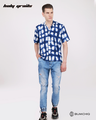 Guy in Streetwear Style 'Livin La Blue' Poplin Shirt - Front hand in Pocket