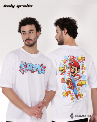 Guy in Streetwear Style 'Mario' White 240 GSM French Terry Cotton T-Shirt - Front & Back