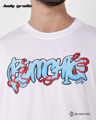 Guy in Streetwear Style 'Mario' White 240 GSM French Terry Cotton T-Shirt - Front Close Up