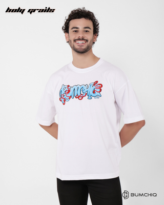 Guy in Streetwear Style 'Mario' White 240 GSM French Terry Cotton T-Shirt - Front Hand Behind