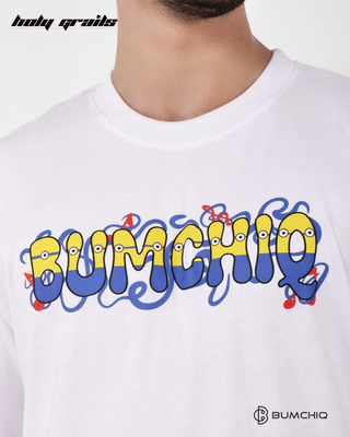 Guy in Streetwear Style 'Minions' White 240 GSM French Terry Cotton T-Shirt - Front Close Up