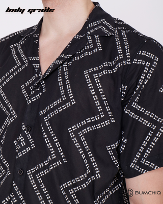 Guy in Streetwear Style 'Moroccan Black' Rayon Shirt - Front Close Up