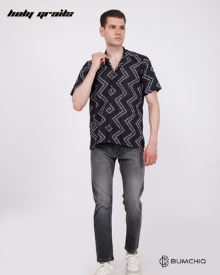 Guy in Streetwear Style 'Moroccan Black' Rayon Shirt - Front Holding Collar