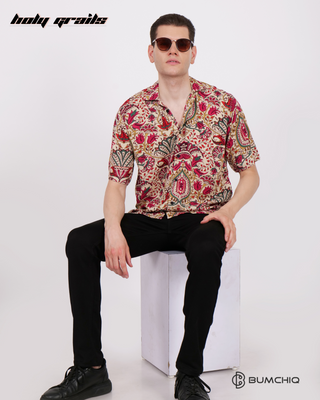 Guy in Streetwear Style 'Paisley Red' Poplin Shirt - Front Sitting on Chair