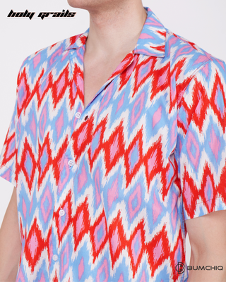 Guy in Streetwear Style 'Pochumpally Ikat' Multi-color Cotton Shirt - Front Close Up