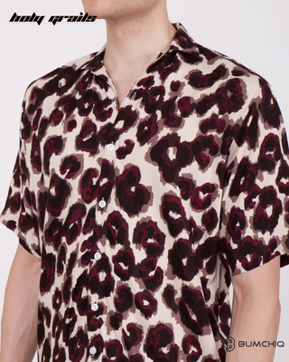Guy in Streetwear Style 'Purple Leopard' White Poplin Shirt - Front Close Up
