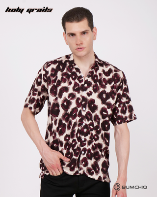 Guy in Streetwear Style 'Purple Leopard' White Poplin Shirt - Front Hand in Pocket