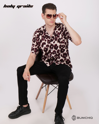 Guy in Streetwear Style 'Purple Leopard' White Poplin Shirt - Front Sitting