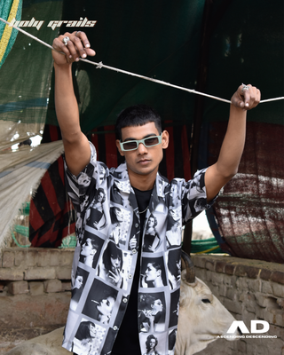 Guy in Streetwear Style 'Shahi Shauk' Grey Oversized Polycotton Shirt  - Front
