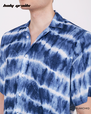 Guy in Streetwear Style 'Shibori Blue' Rayon Shirt - Front Close Up