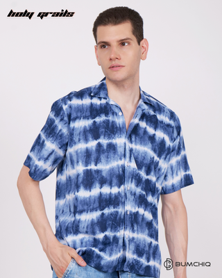 Guy in Streetwear Style 'Shibori Blue' Rayon Shirt - Front Hand in Pocket