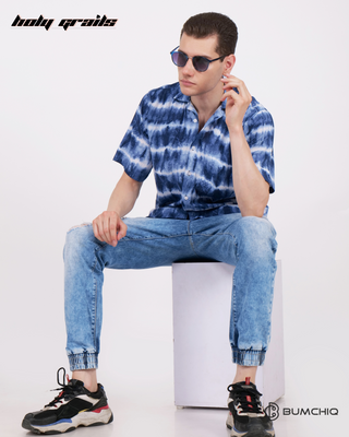 Guy in Streetwear Style 'Shibori Blue' Rayon Shirt - Front Sitting