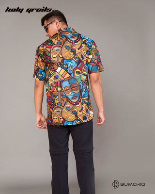 Guy in Streetwear Style 'SkullCap Artistry' Multi-Color Cotton Shirt - Back