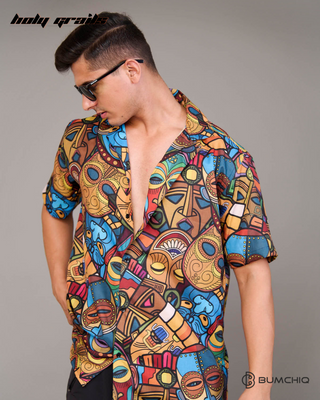 Guy in Streetwear Style 'SkullCap Artistry' Multi-Color Cotton Shirt - Front With Shades