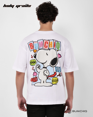 Guy in Streetwear Style 'Snoopy' White 240 GSM French Terry Cotton T-Shirt - Back