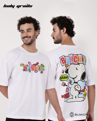 Guy in Streetwear Style 'Snoopy' White 240 GSM French Terry Cotton T-Shirt - Front & Back