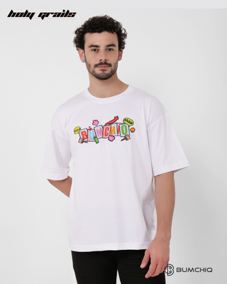 Guy in Streetwear Style 'Snoopy' White 240 GSM French Terry Cotton T-Shirt - Front Hand Behind