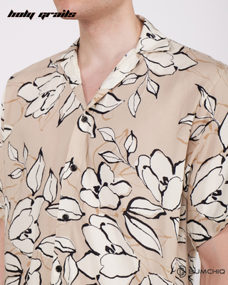 Guy in Streetwear Style 'Stone Floral Tea' Cream Poplin Shirt - Front Close Up