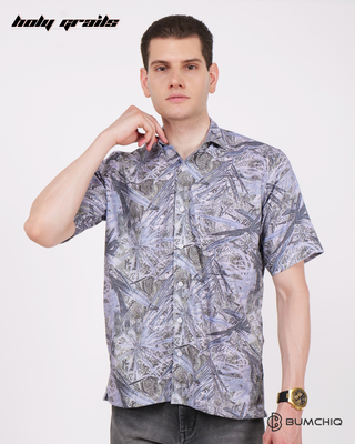 Guy in Streetwear Style 'Tee Green' Grey Imported Fabric Shirt - Front Holding Collar