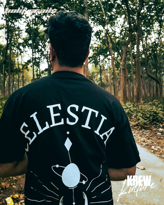 Guy in Streetwear Style 'The Celestial' Black Oversized 240 GSM Terry Cotton T-Shirt - Back CloseUp