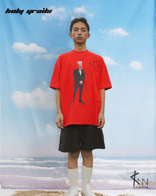 Guy in Streetwear Style 'The Elvis Tee' Red Oversized 260 GSM French Terry Cotton T-Shirt - Front