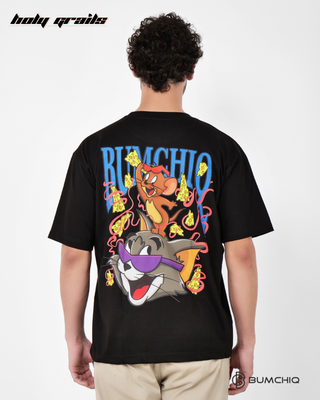 Guy in Streetwear Style 'Tom & Jerry' Black 240 GSM French Terry Cotton T-Shirt - Back