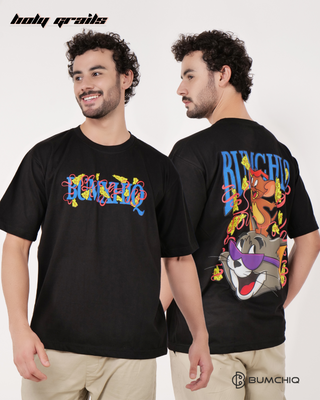 Guy in Streetwear Style 'Tom & Jerry' Black 240 GSM French Terry Cotton T-Shirt - Front & Back