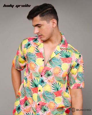 Guy in Streetwear Style 'Tropical Punch' Multi-Color Cotton Shirt - Front Hand in Back Pocket