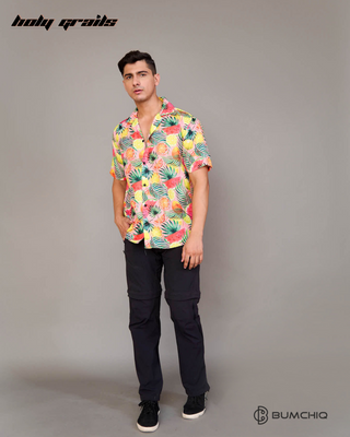 Guy in Streetwear Style 'Tropical Punch' Multi-Color Cotton Shirt - Front Hand in Pocket