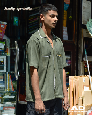 Guy in Streetwear Style 'Vintage Suede Seaweed Green' Oversized Vegan Suede Shirt - Side