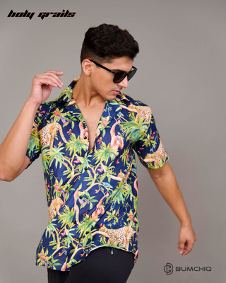 Guy in Streetwear Style 'Wild Harmony Jungle' Multi-Color Cotton Shirt - Front Dancing