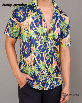 Guy in Streetwear Style 'Wild Harmony Jungle' Multi-Color Cotton Shirt - Front Hand in Pocket