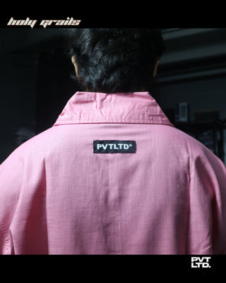 Guy in Street Style Pink Linen Cotton Blend Unisex Relaxed Fit Full Sleeve Shirt HG x Pvt Ltd - Back Tag Close Up