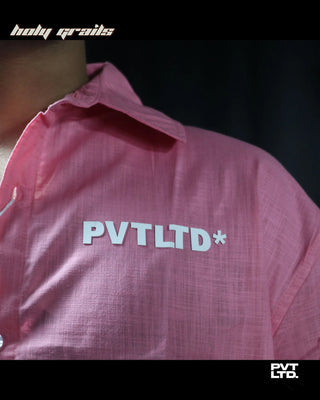 Guy in Street Style Pink Linen Cotton Blend Unisex Relaxed Fit Full Sleeve Shirt HG x Pvt Ltd - Front Print Close Up
