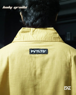 Guy in Street Style Yellow Linen Cotton Blend Unisex Relaxed Fit Full Sleeve Shirt HG x Pvt Ltd - Back Branding Tag Close Up