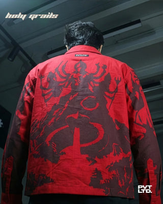 Guy in Street Style 'Asur & Devta' Red Unisex Linen Blend Relaxed Fit Printed Shirt HG x Pvt Ltd - Back