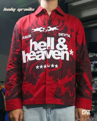 Guy in Street Style 'Asur & Devta' Red Unisex Linen Blend Relaxed Fit Printed Shirt HG x Pvt Ltd - Front